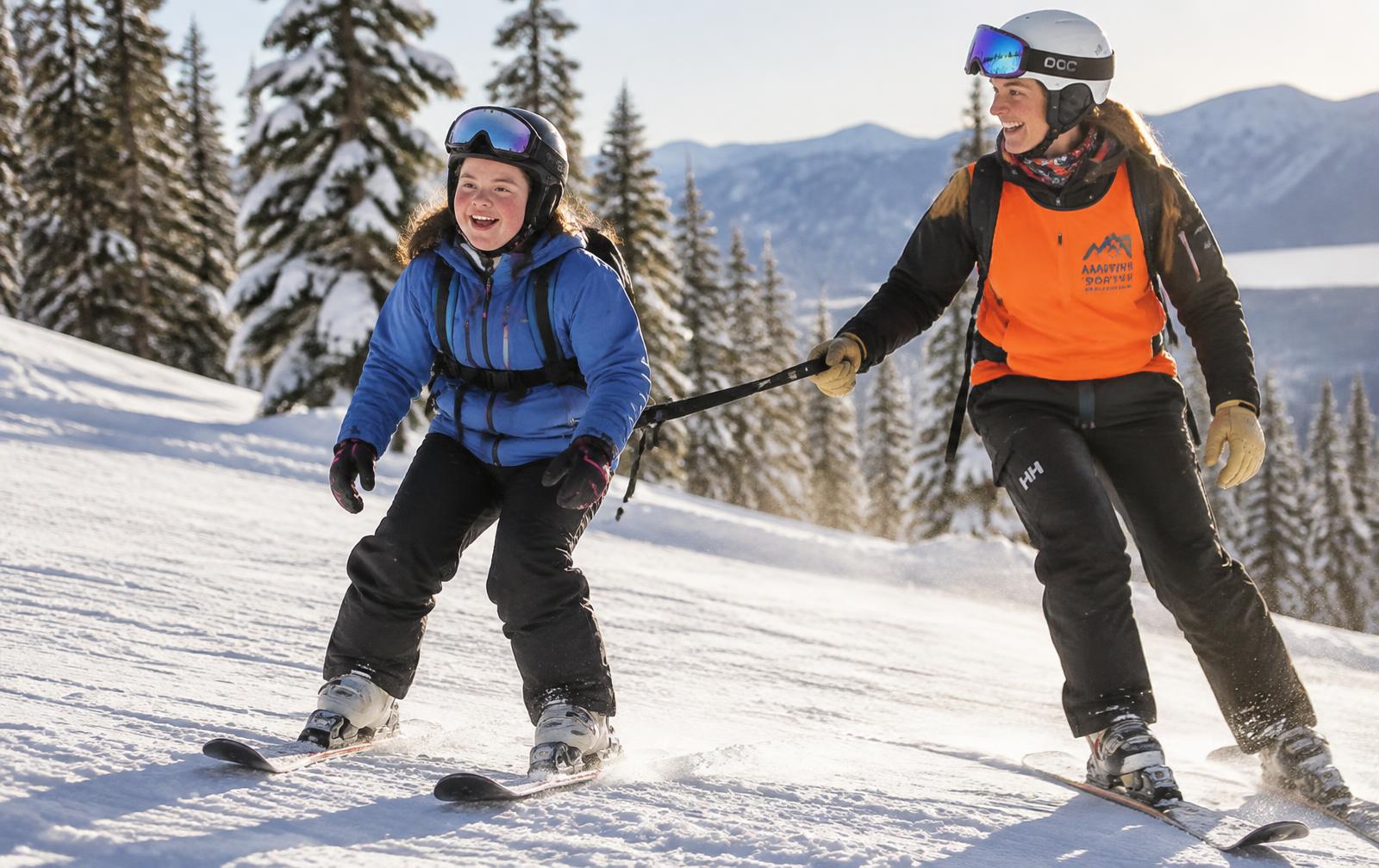 A teenage girl with Down syndrome downhill skiing with an adaptive ski guide tethering alongside her on a sunny mountain