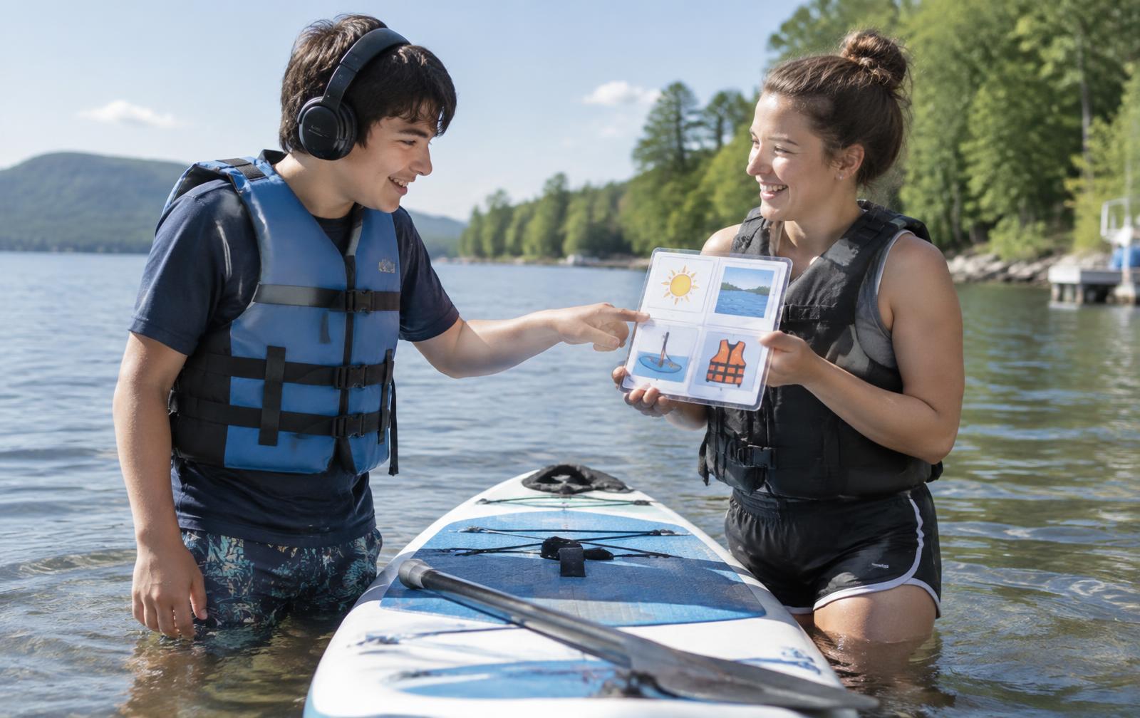 A teen at the water's edge choosing from a picture board before launching a paddleboard with a support person beside him