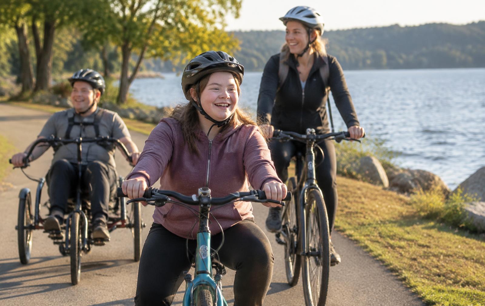 Three young people cycling together on a lakeside trail, one on a three-wheel bike
