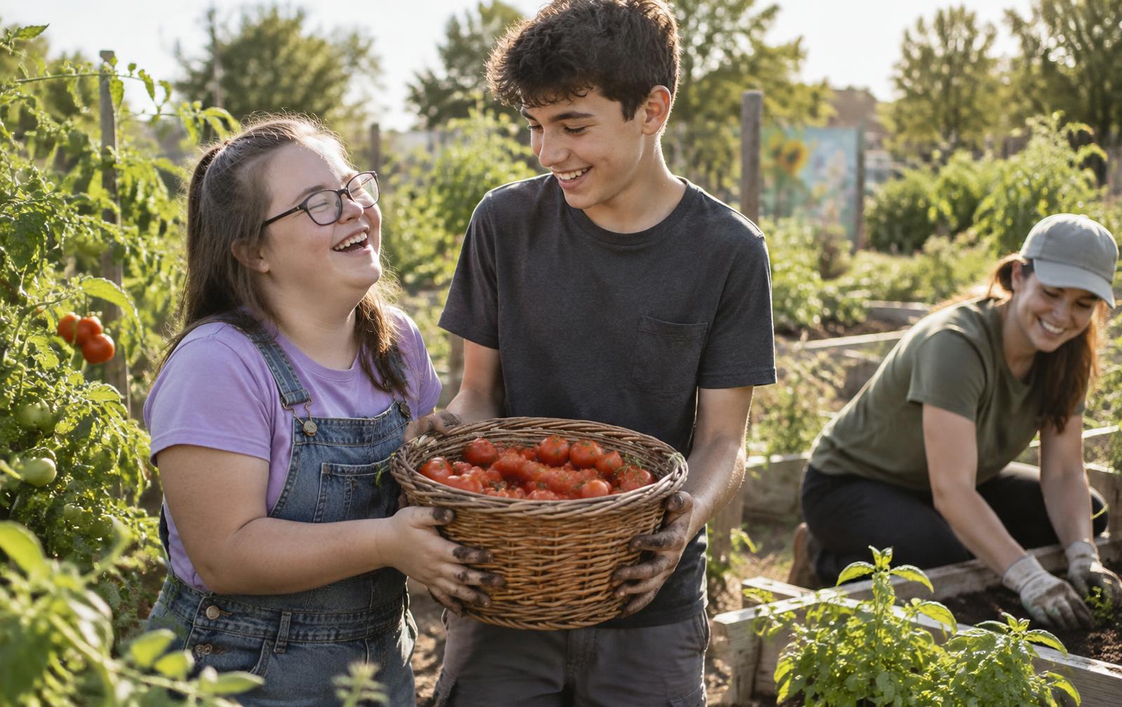 Two teenagers carrying a basket of tomatoes they picked in a community garden