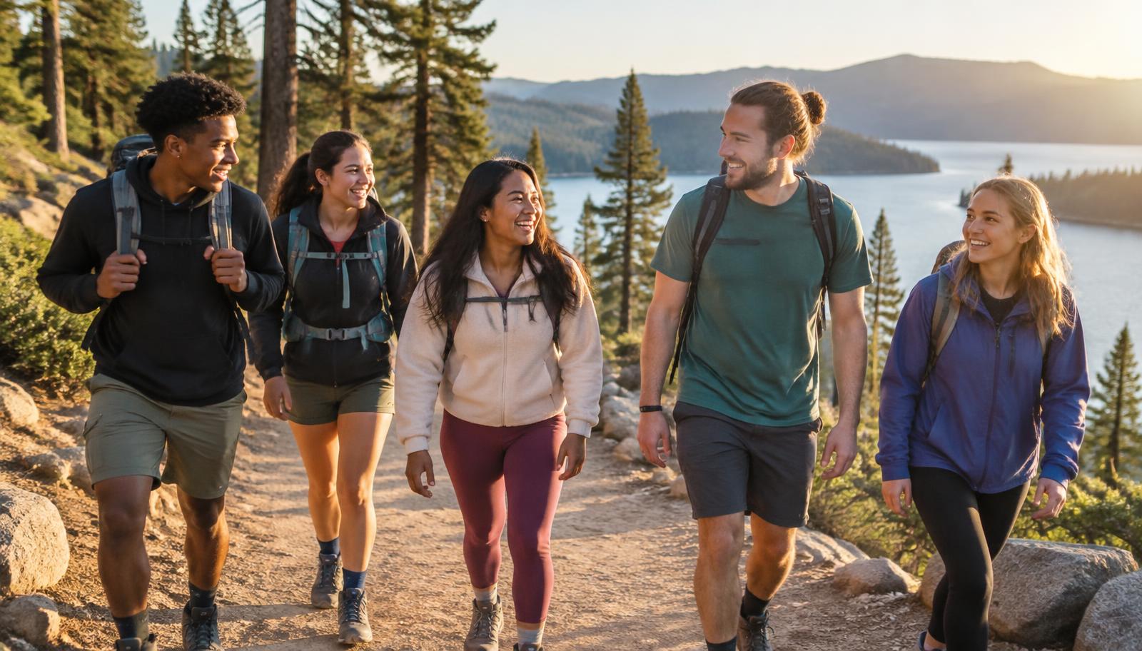 A group of teens and young adults hiking together on a trail above a lake