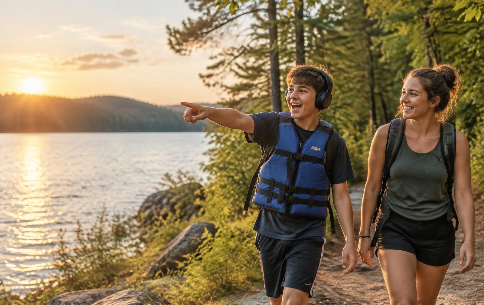 A teenage boy with headphones and a life vest walking a lakeside trail at golden hour, excitedly pointing ahead, with a trusted young-adult companion smiling alongside him