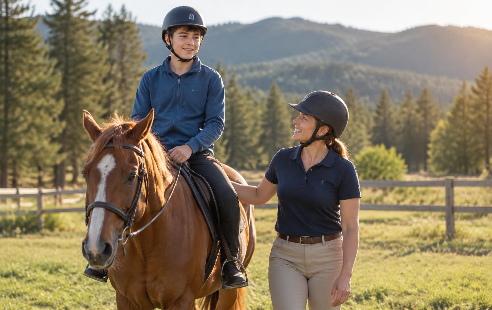 A teenage boy horseback riding with an adaptive-riding instructor walking alongside him in golden-hour light