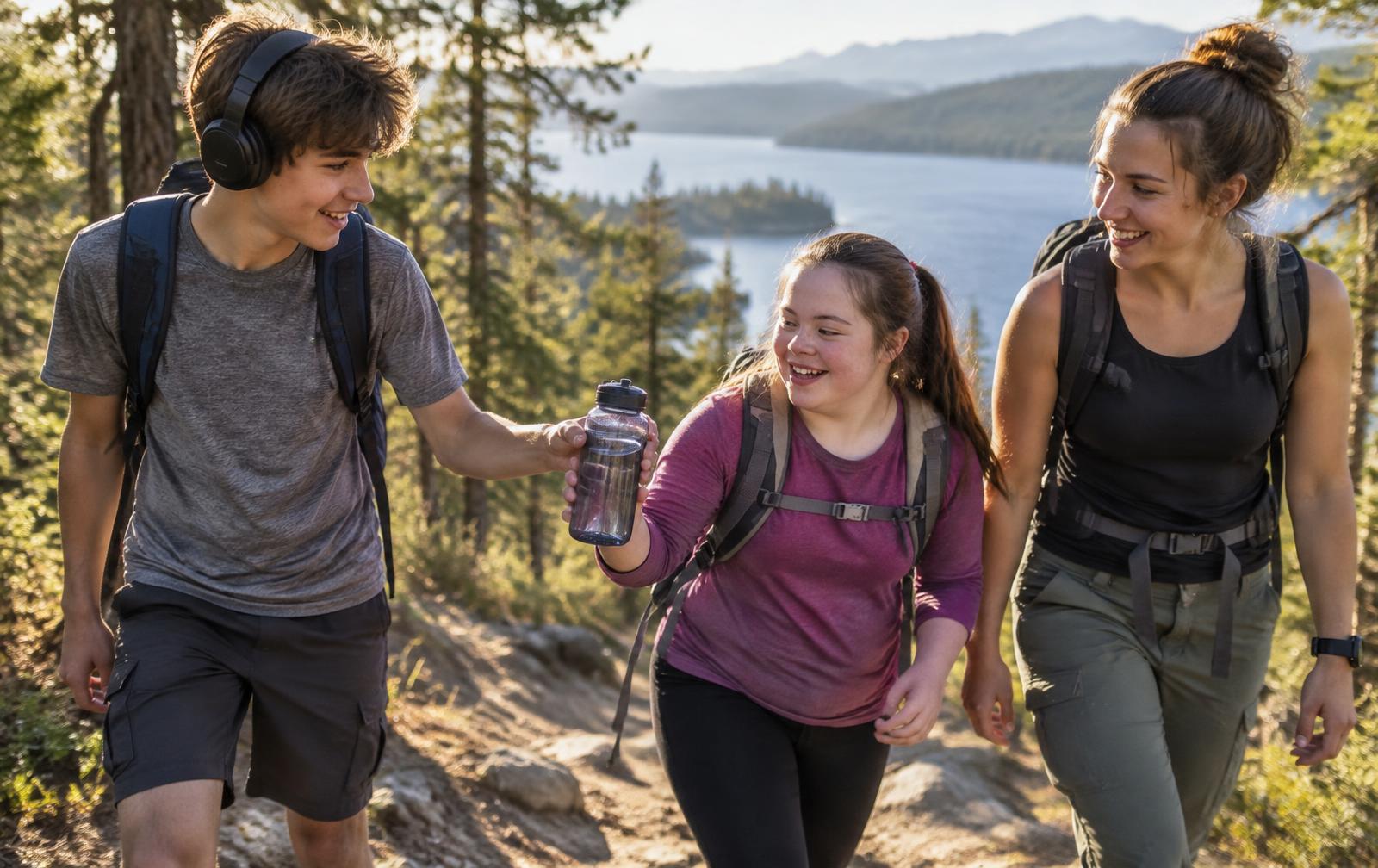 Three teenagers hiking on a forest trail above a lake, one handing a water bottle to another