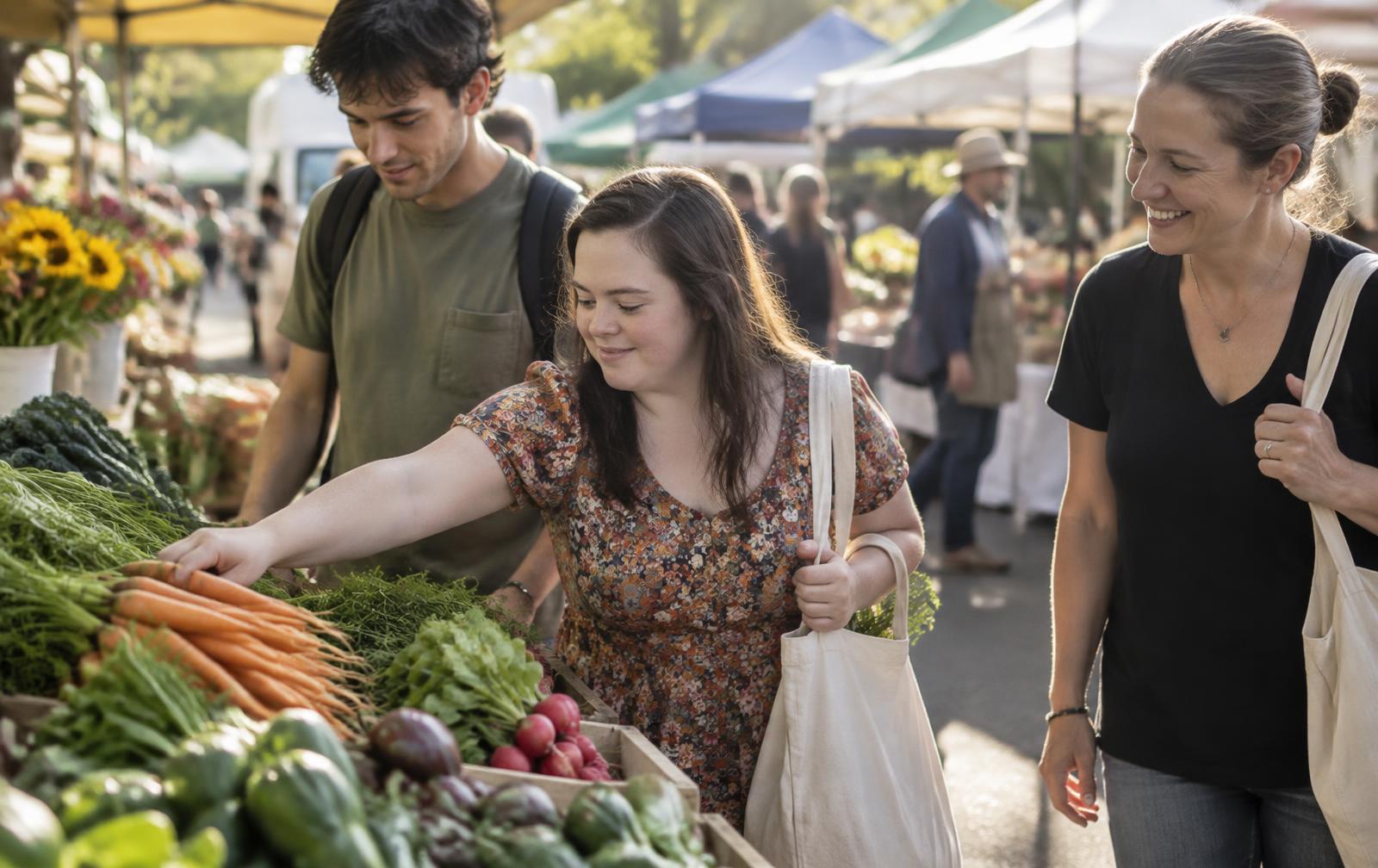 Young adults browsing fresh produce together at an outdoor farmers' market