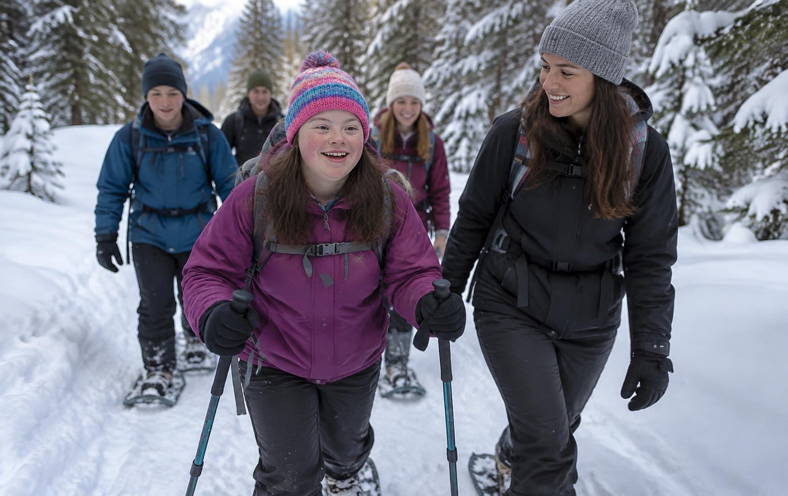 A group snowshoeing on a snowy forest trail, a teenage girl leading with poles